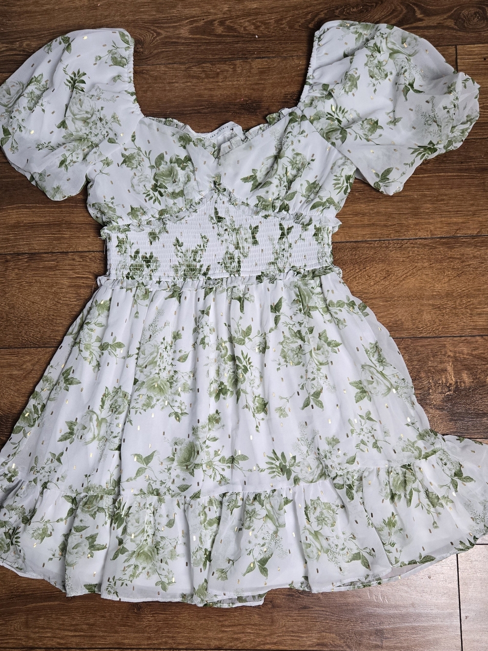 Altar'd State White Dress with Green Floral Print and Gold Speckle